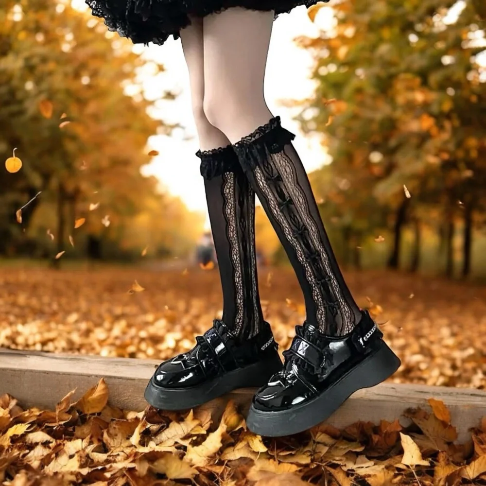 Retro Vintage Style Bow Accent Knee High Socks‎ Flirty Ruffle Trim Soft Lace